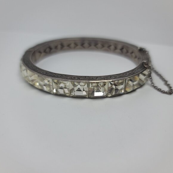 Antique Art Deco Paste & Sterling Hinged Bangle
